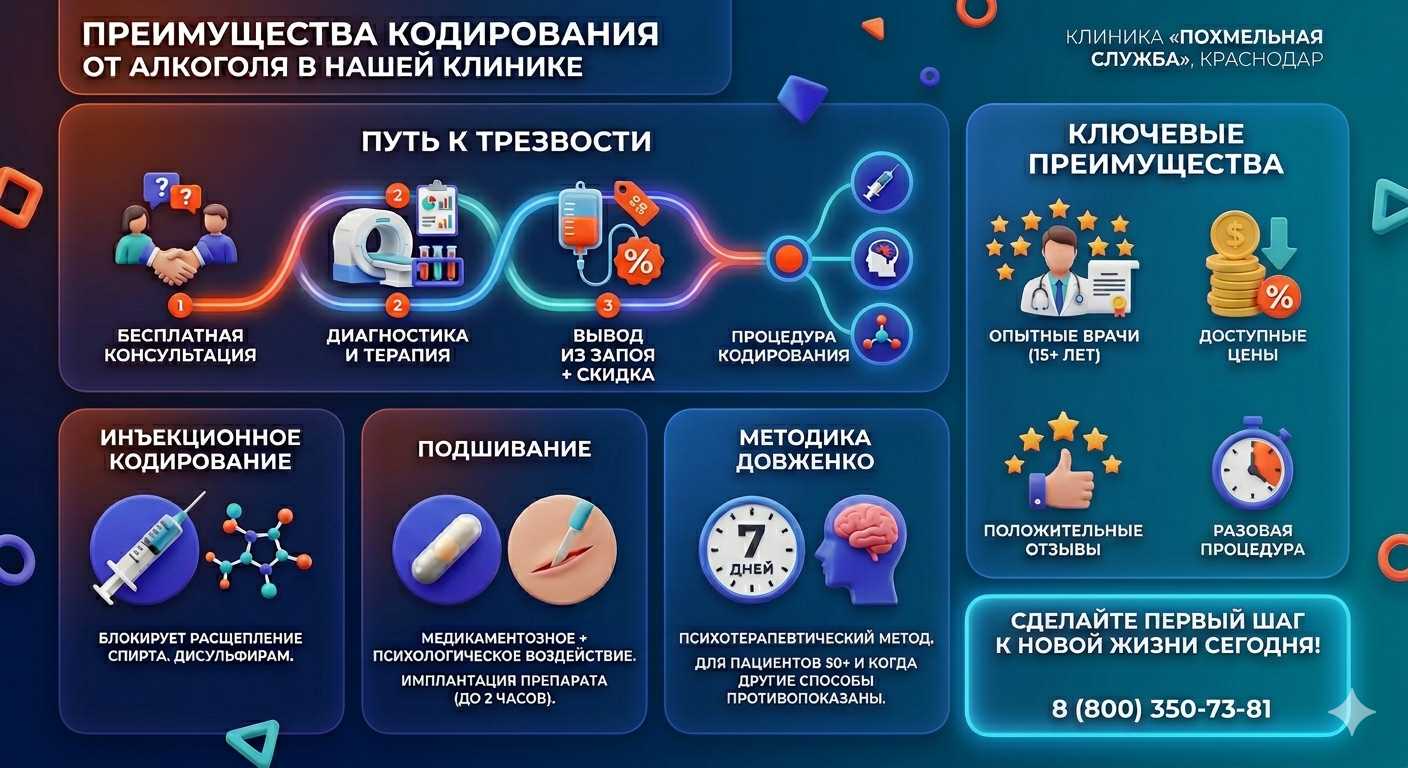 Инфографика о методах кодирования от алкоголя в Сочи: инъекции, подшивание, метод Довженко. Преимущества клиники и этапы лечения.
